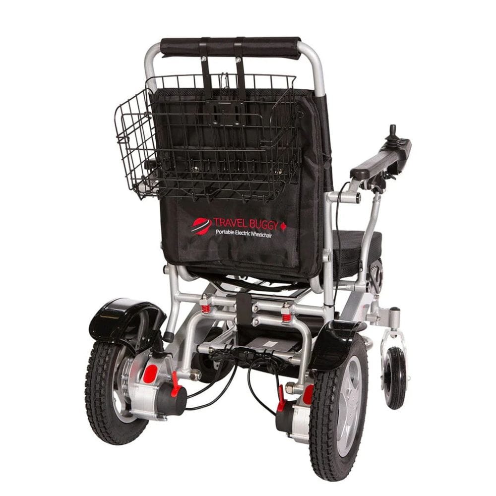 Portable electric wheelchair with basket and bag on a white background