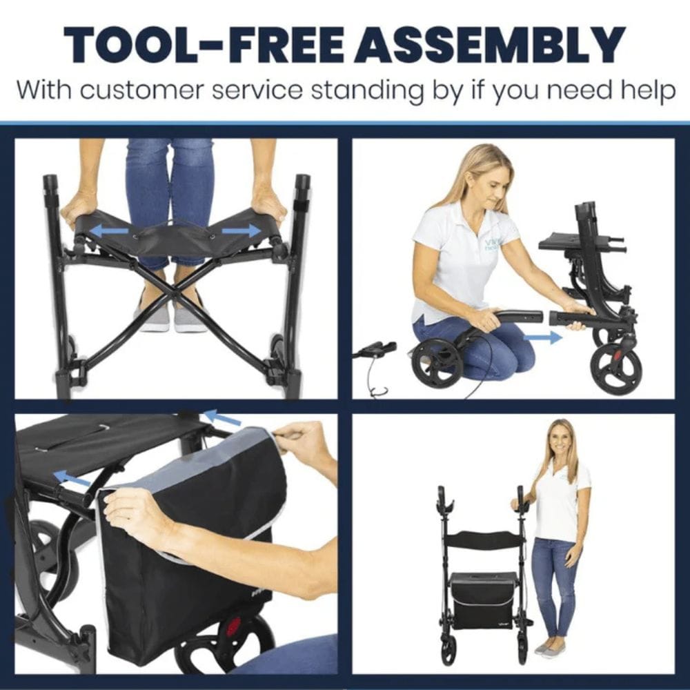 Step-by-step assembly of a walker with text about tool-free assembly and customer service.