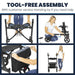 Step-by-step assembly of a walker with text about tool-free assembly and customer service.