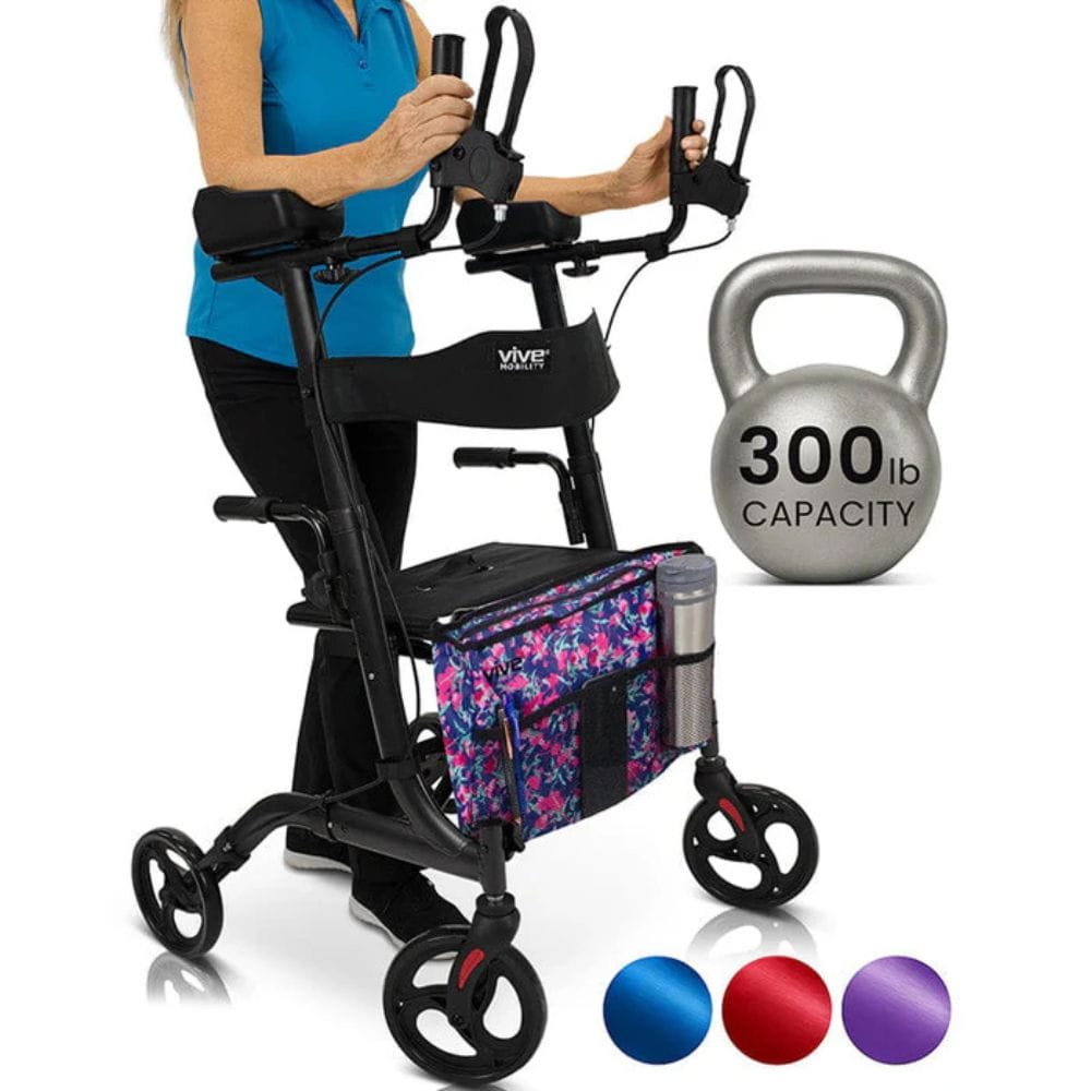 Person using a walker with a kettlebell labeled '300 lb capacity' on a white background