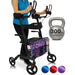 Person using a walker with a kettlebell labeled '300 lb capacity' on a white background