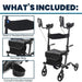 Rollator with features highlighted including seat, backrest, storage bag, and cane/umbrella holder.