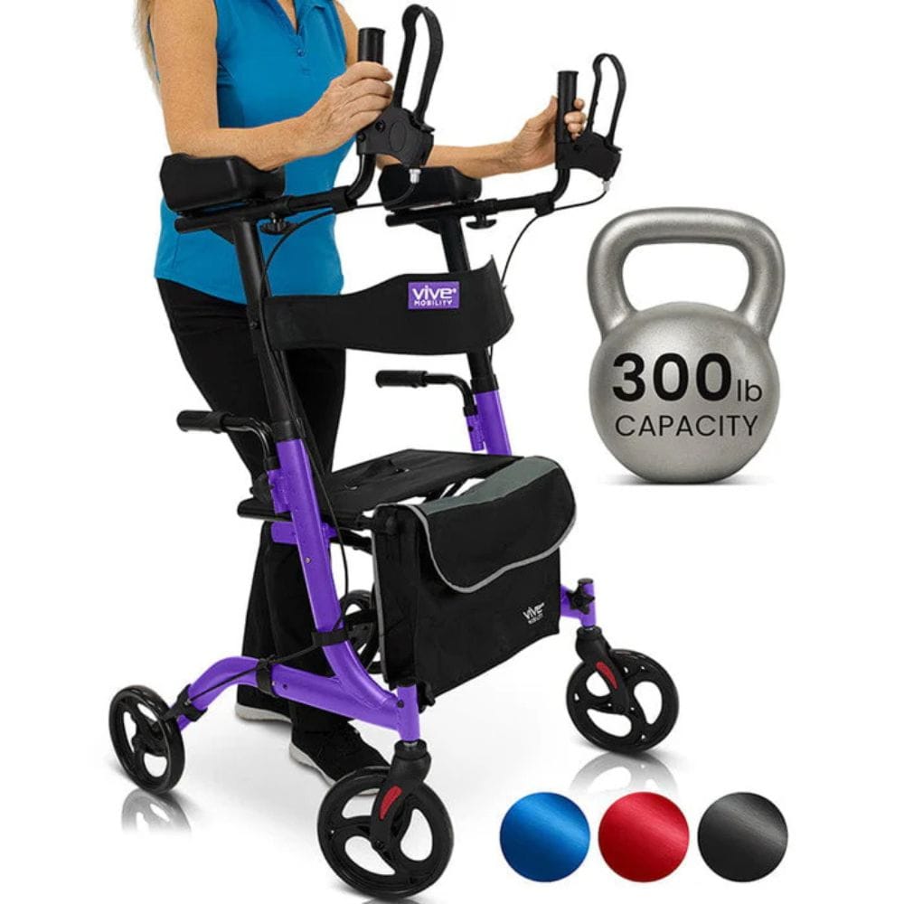 Person using a purple walker with a kettlebell labeled '300 lb capacity' on a white background