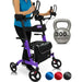 Person using a purple walker with a kettlebell labeled '300 lb capacity' on a white background