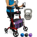 Red walker with a bag and a kettlebell labeled '300 lb capacity' on a white background