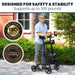 Man using a rollator with safety and stability certifications displayed.