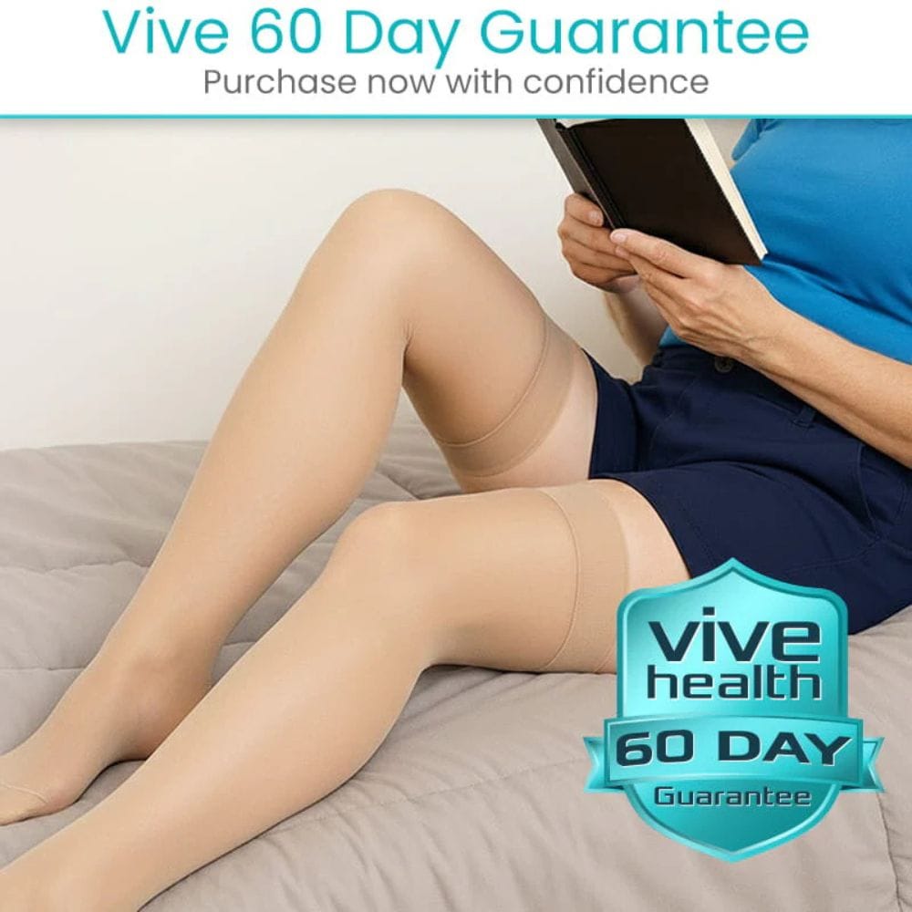 Person wearing beige tights sitting on a couch with a book, featuring Vive Health 60-day guarantee text.