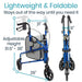 Blue walker with measurements and text highlighting features on a white background