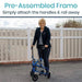 Woman using a mobility scooter with text about a pre-assembled frame