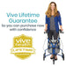 Woman using a walker with Vive Health Lifetime Guarantee text and logo on a white background
