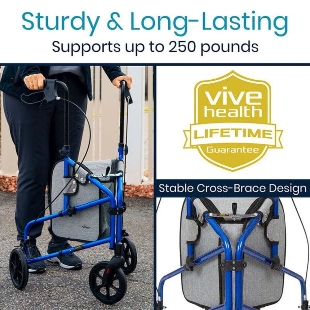 Blue walker with text highlighting sturdiness, weight capacity, and Vive Health lifetime guarantee.