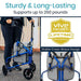 Blue walker with text highlighting sturdiness, weight capacity, and Vive Health lifetime guarantee.