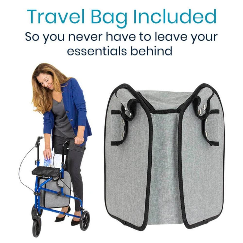 Woman using a walker with a travel bag attached, emphasizing convenience.
