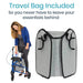 Woman using a walker with a travel bag attached, emphasizing convenience.
