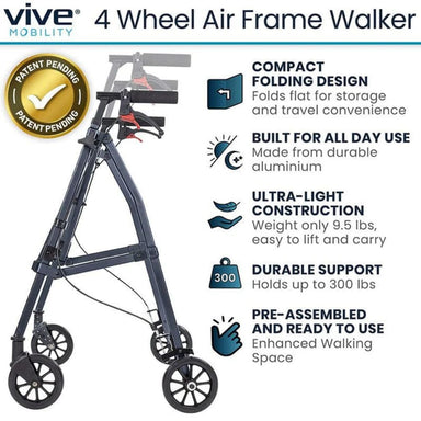 4-wheel air frame walker with features listed on a white background