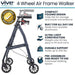 4-wheel air frame walker with features listed on a white background