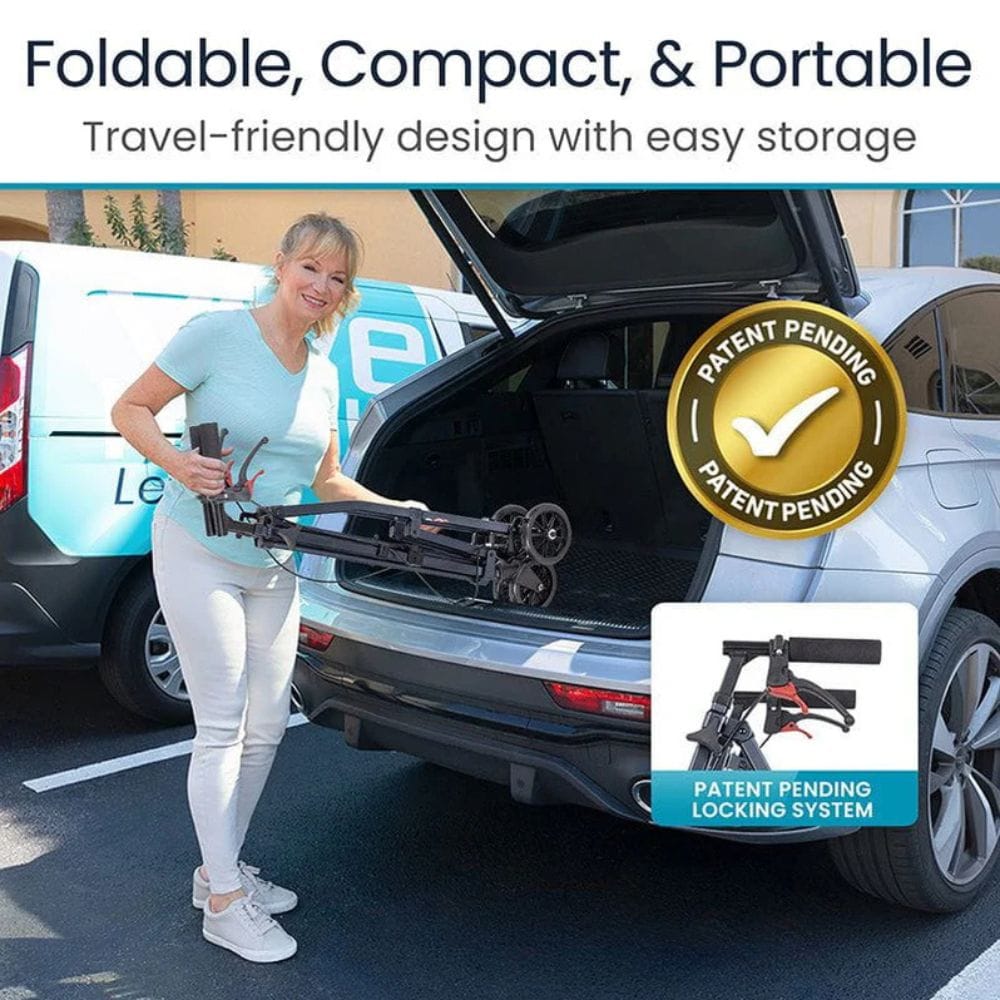 Woman loading a foldable bike into a car trunk with a patent pending badge displayed.