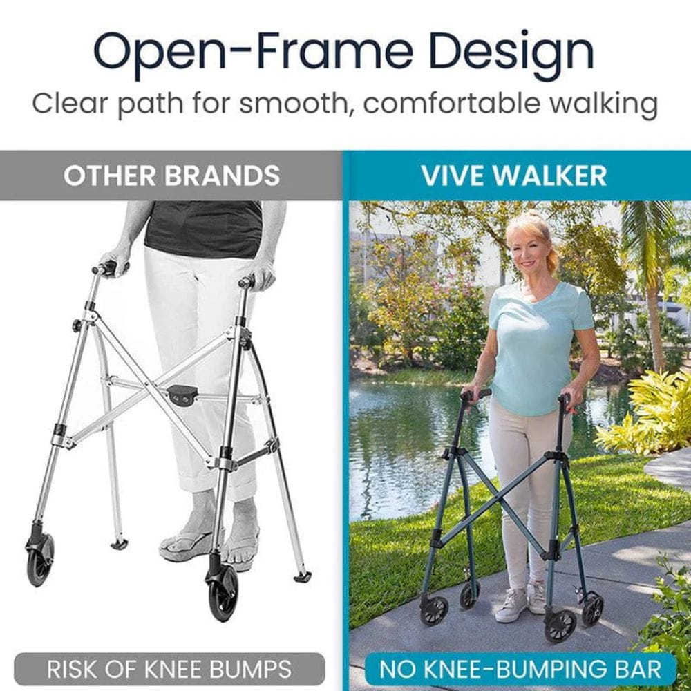 Comparison of a Vive Walker with other brands' walkers, highlighting the Vive Walker's open-frame design.