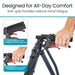 Hand holding a tool with soft-grip handles and text about comfort and reduced hand fatigue.