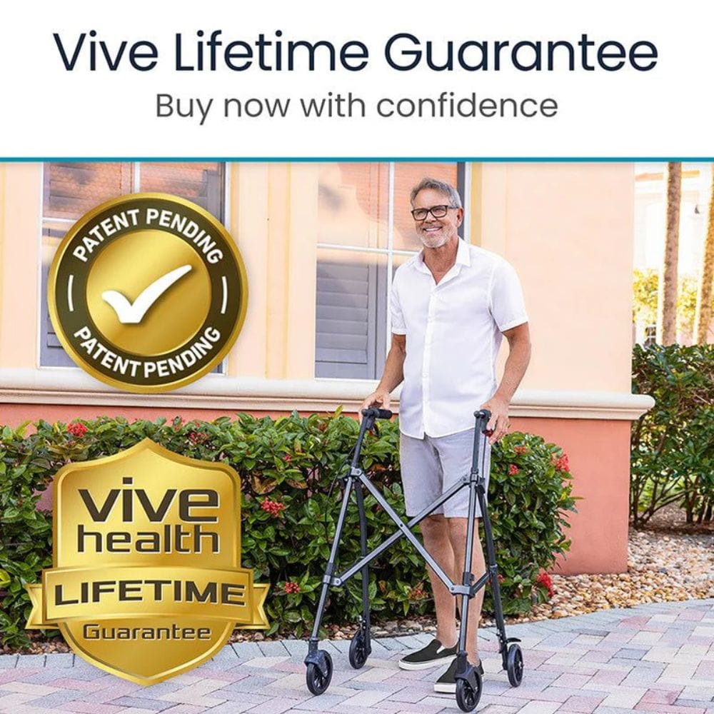 Man using a walker with Vive Health branding and lifetime guarantee promise.