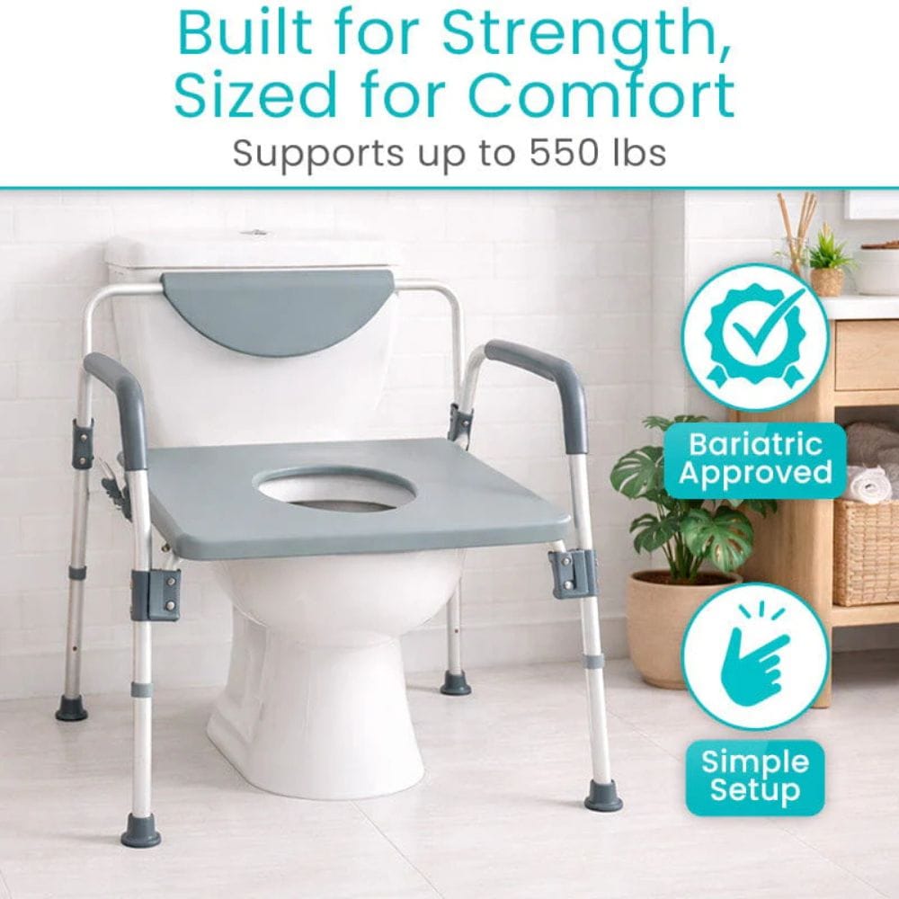 Bariatric approved commode chair with text on a white background
