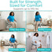 Collage of a woman using various chairs with text highlighting their features.