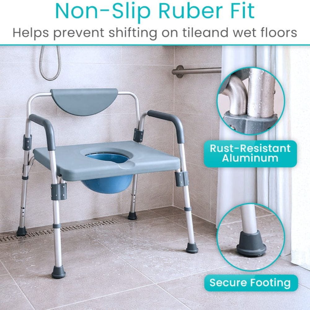 Gray and blue bathroom aid chair with features highlighted on a tiled floor.