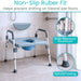 Gray and blue bathroom aid chair with features highlighted on a tiled floor.