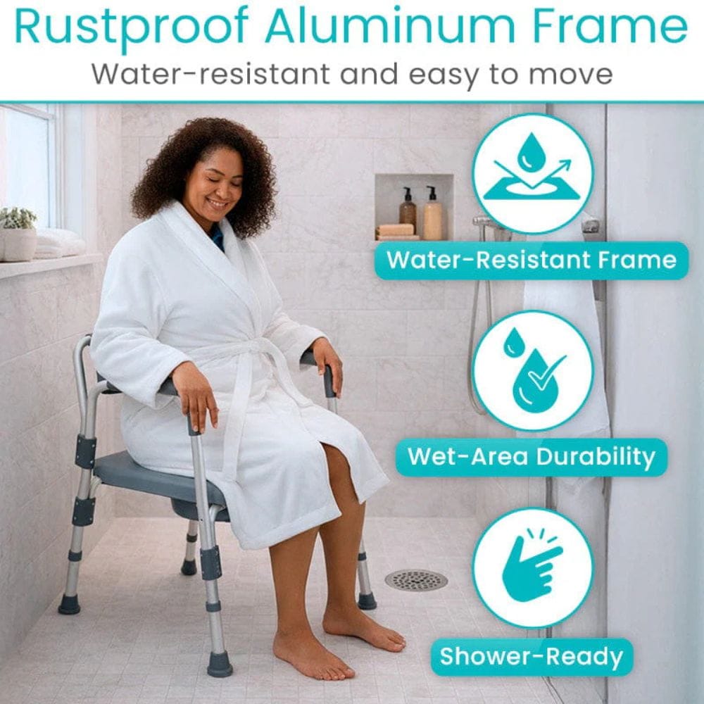 Woman in a white robe using a shower chair with text highlighting rustproof aluminum frame, water-resistant design, and shower-ready feature.