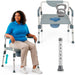 Woman sitting on a adjustable height chair with a kettlebell on a white background