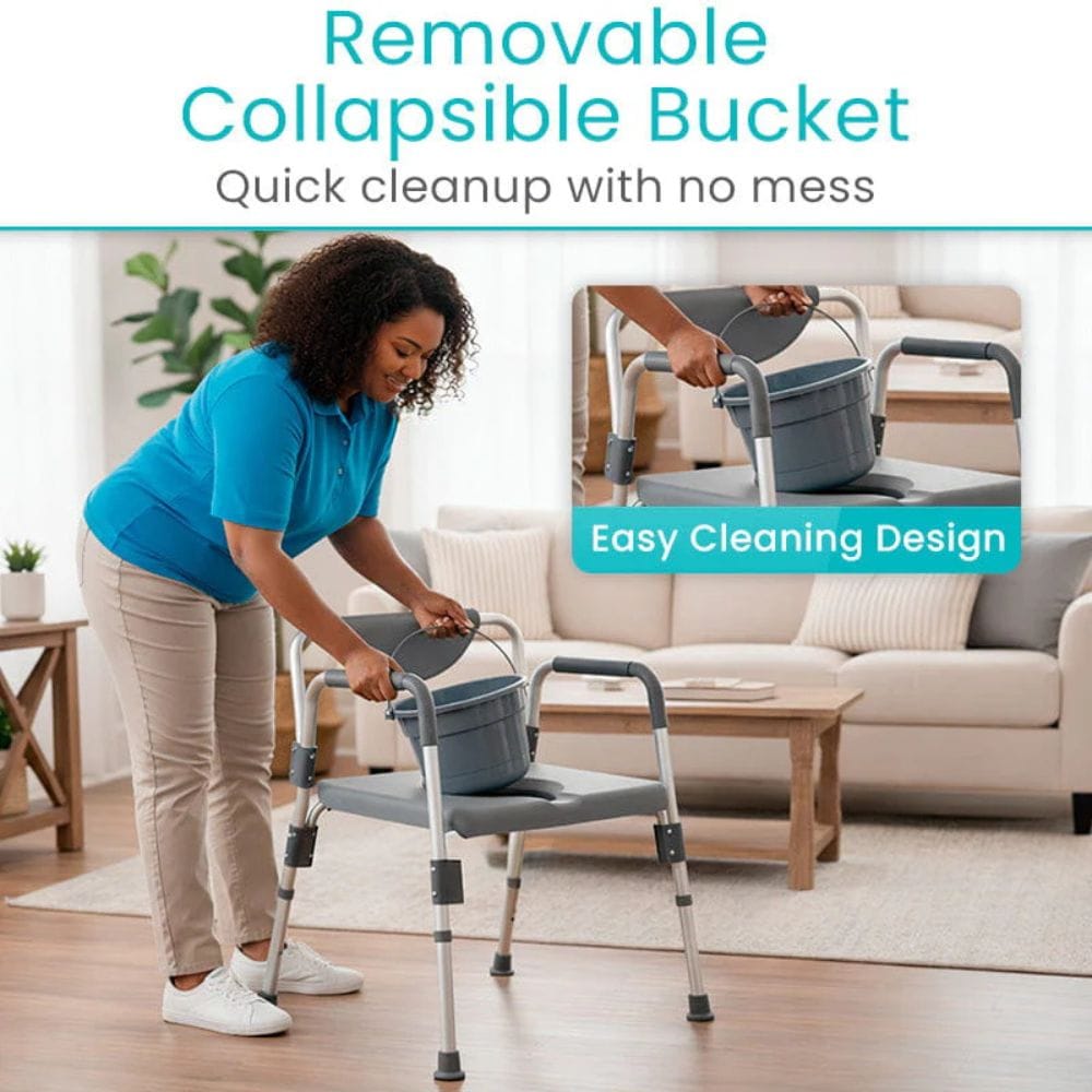 Woman using a walker with a removable collapsible bucket in a living room setting.