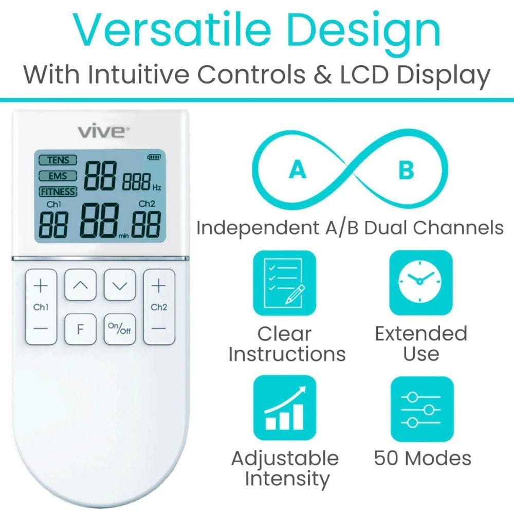 Vive electronic device with digital display and control buttons, labeled 'Versatile Design with Intuitive Controls & LCD Display'.