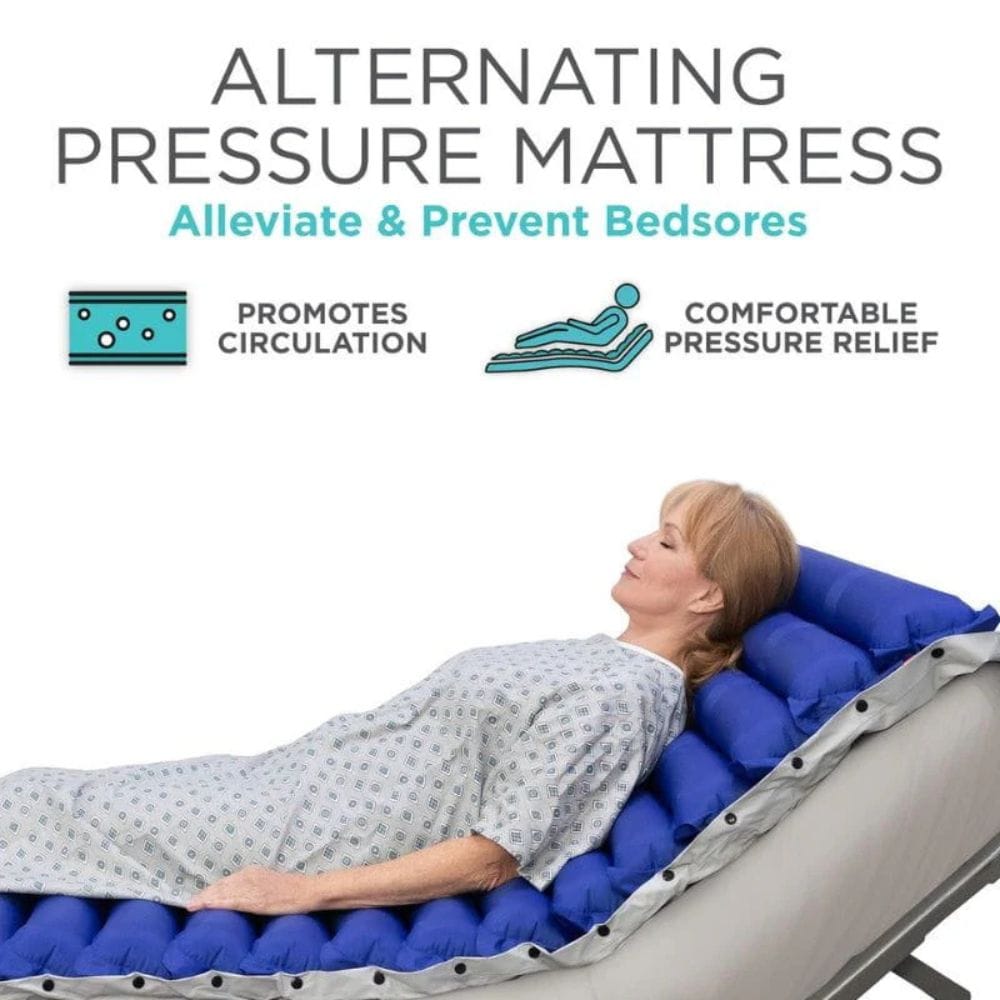 Woman lying on a blue alternating pressure mattress with text highlighting its benefits.