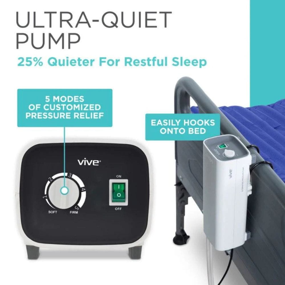 Ultra-quiet pump for restful sleep with customizable pressure relief and easy bed attachment.