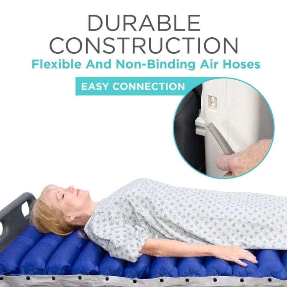 Person lying on a blue air mattress with text about durable construction and flexible air hoses.