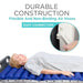 Person lying on a blue air mattress with text about durable construction and flexible air hoses.