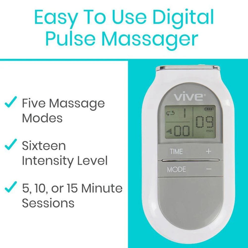 Digital pulse massager with features listed on a white and blue background