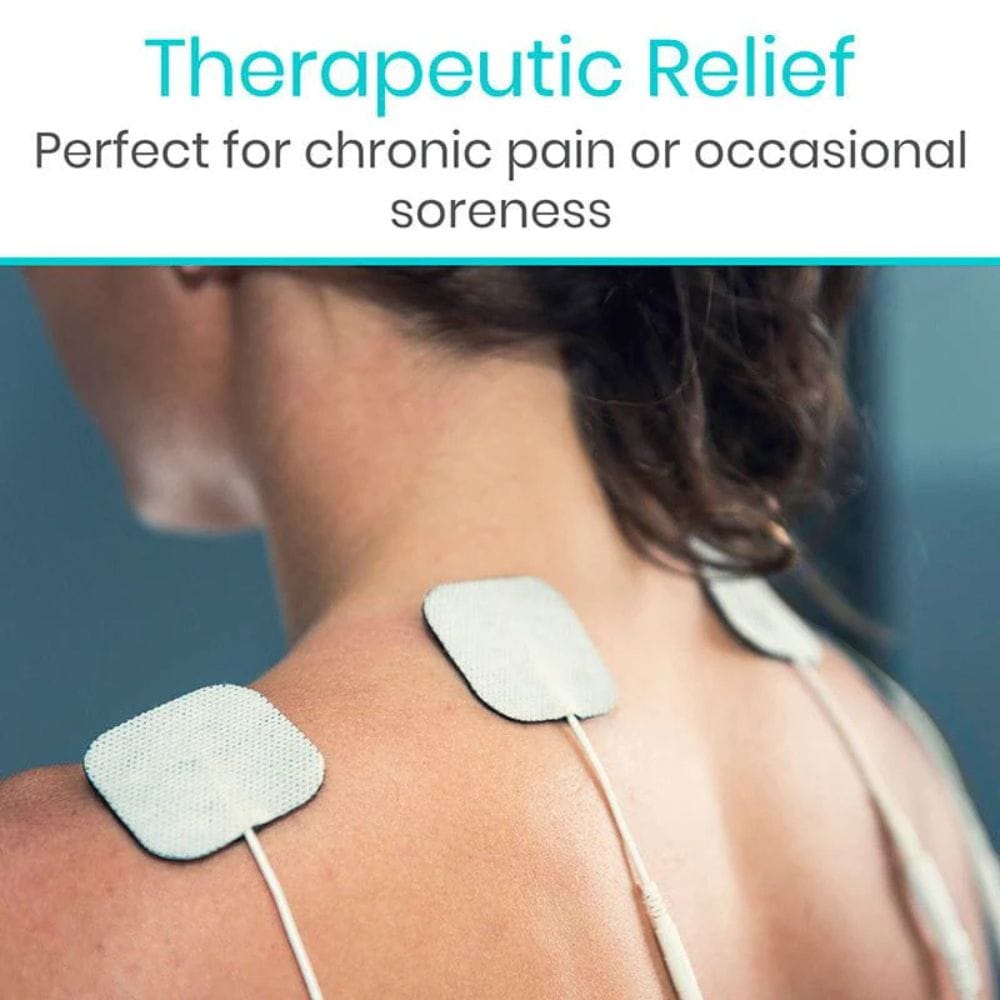 Person with electronic patches on their back for therapeutic relief, with text about pain relief.