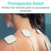 Person with electronic patches on their back for therapeutic relief, with text about pain relief.