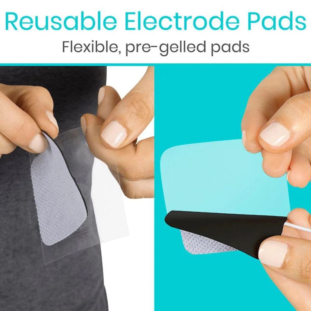 Reusable electrode pads being applied to skin with text indicating flexibility and pre-gelation.