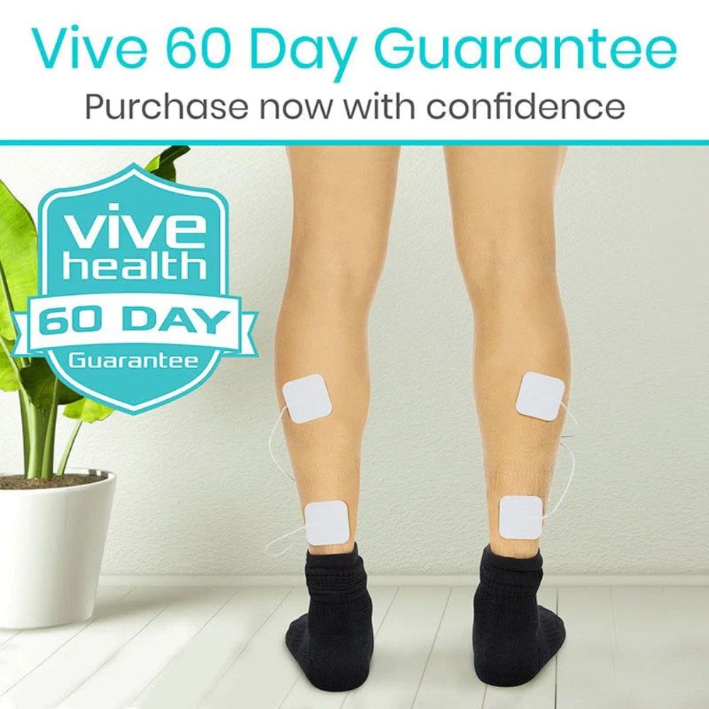 Person with patches on their legs with Vive Health branding and 60-day guarantee text.