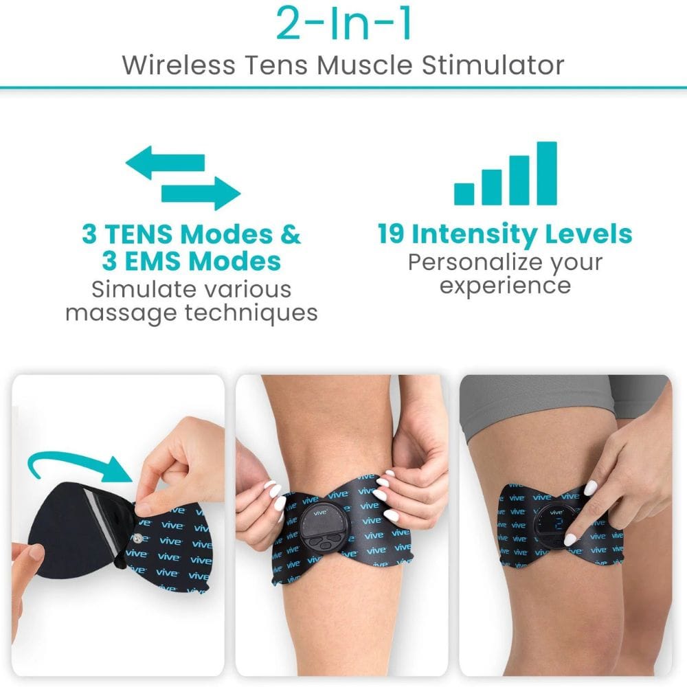 2-in-1 Wireless Tens Muscle Stimulator with features and usage on a white background
