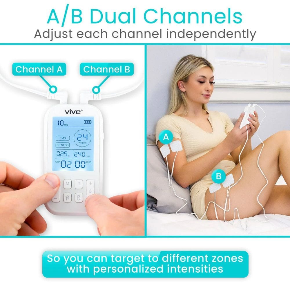 Digital device with 'A/B Dual Channels' feature, showing a person using it for therapy.