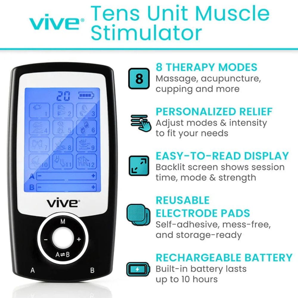 Vive tens unit muscle stimulator with features listed on a white background