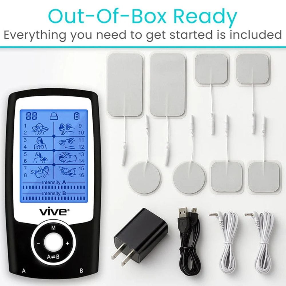 Vive electronic device with digital display, electrodes, and cables on a white background