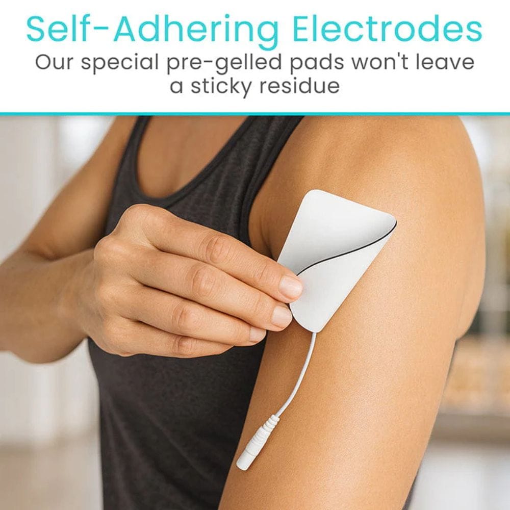 Person applying a self-adhering electrode pad to their arm with text about pre-gelled pads.