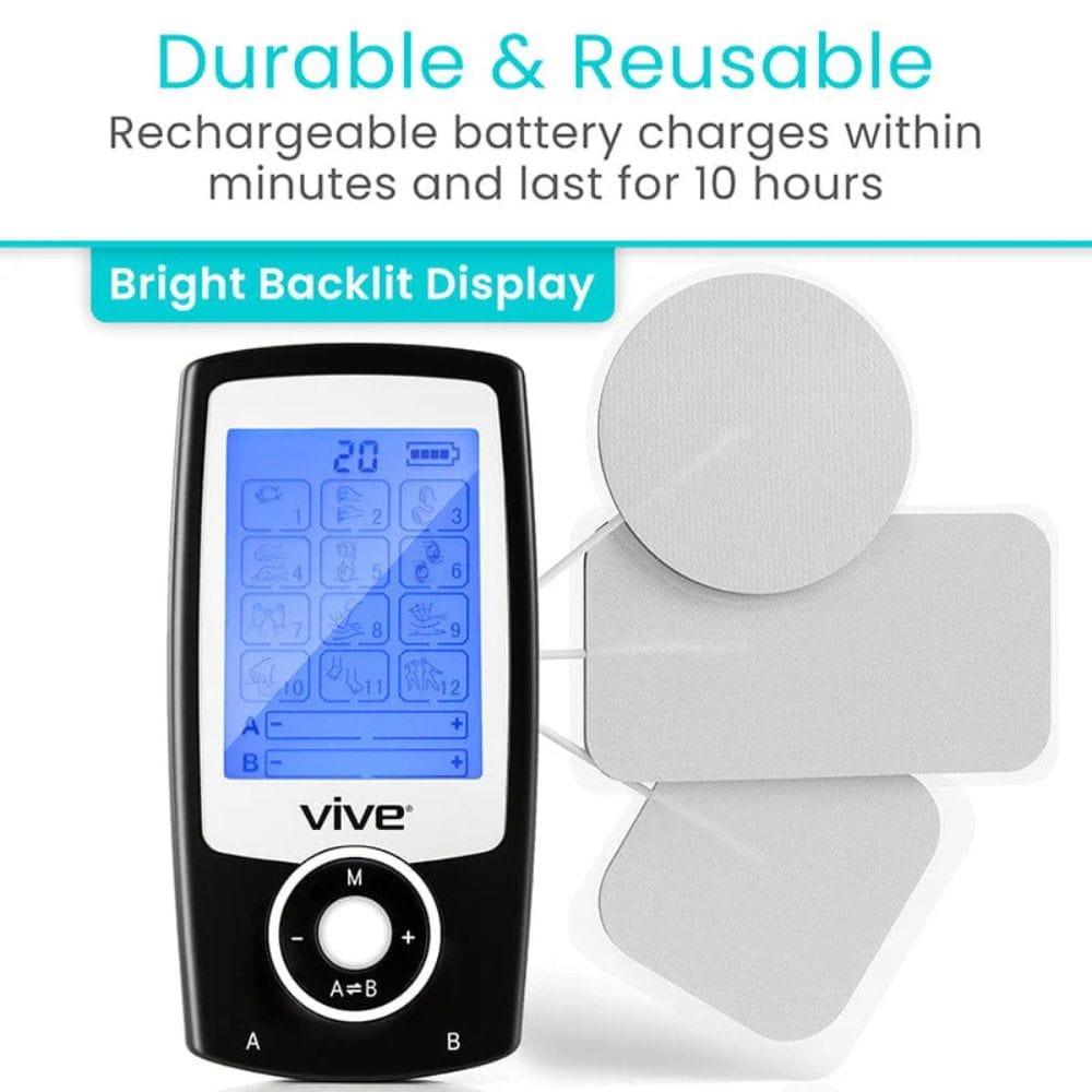 Vive electronic device with digital display and rechargeable battery features on a white background