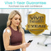 Woman using a device with electrodes on her arm, featuring the Vive Health 1-year guarantee.