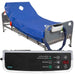 Hospital bed with blue cover and control panel displaying settings on a white background