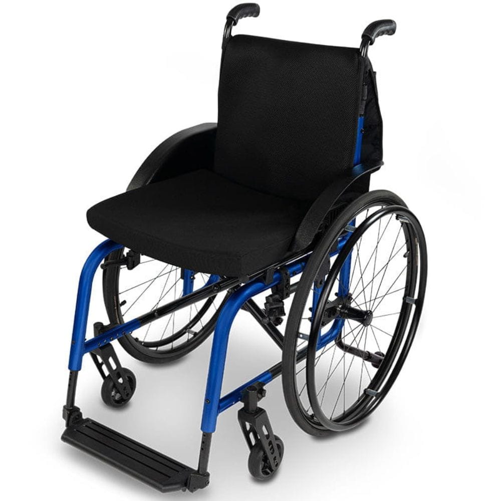 Wheelchair with blue frame and black seat on a white background
